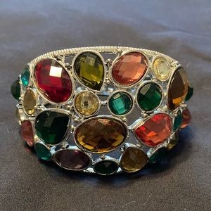 Statement Bracelet - silver tone hinged bracelet w/ crystal stones